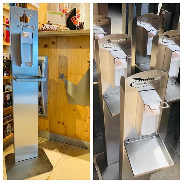 Desinfektionsständer mit Logo als Lasercutting in Edelstahl